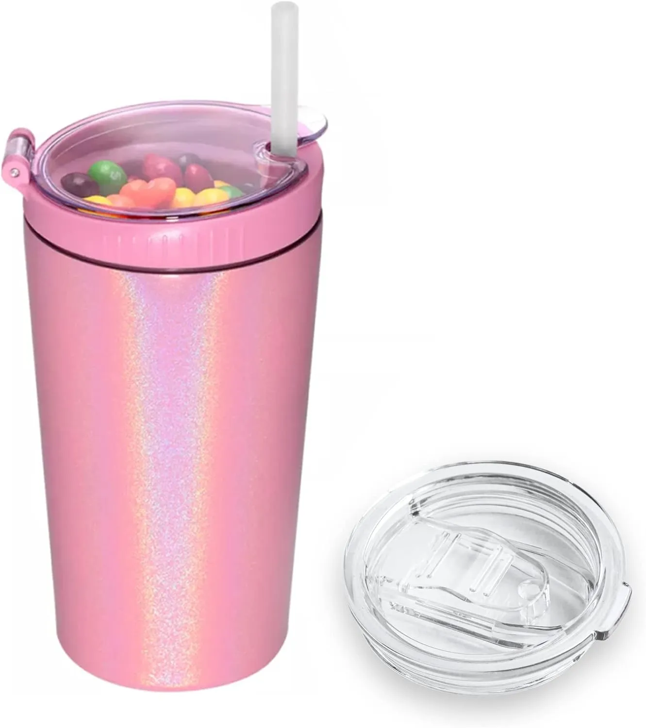 Snack tumbler with lid and straw, stainless steel insulated 2-in-1 travel coffee mug, water bottle with snack cup (Glitter Blush, 16 OZ)