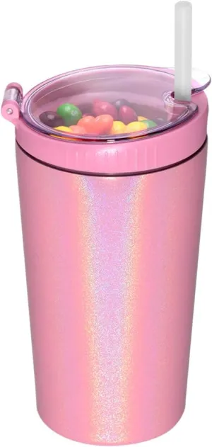 Snack tumbler with lid and straw, stainless steel insulated 2-in-1 travel coffee mug, water bottle with snack cup (Glitter Blush, 16 OZ)