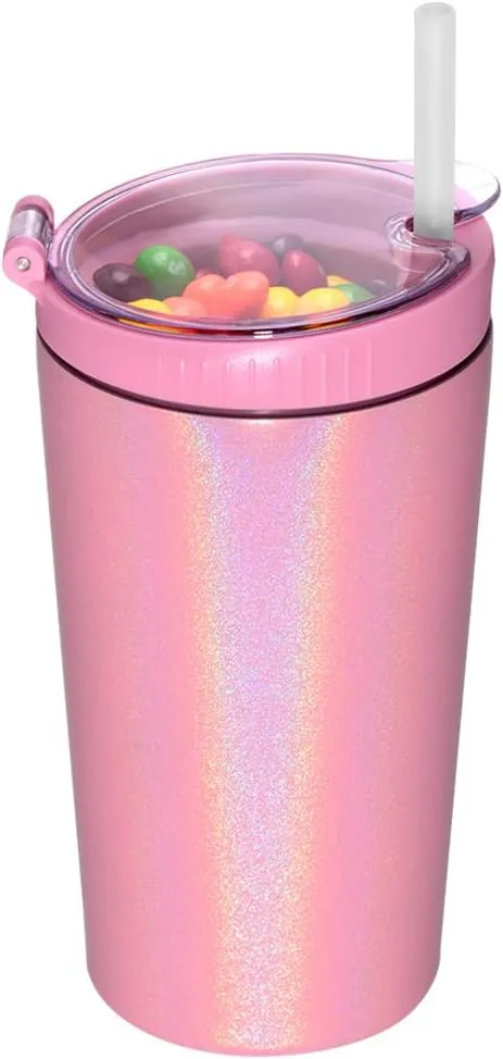 Snack tumbler with lid and straw, stainless steel insulated 2-in-1 travel coffee mug, water bottle with snack cup (Glitter Blush, 16 OZ)