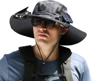 Solar Fan Hat for Men Women, Wide Brim Solar Fan Hat Outdoor Fishing, Solar and USB Charging, UPF 50  Bucket Fishing and Beach Hat