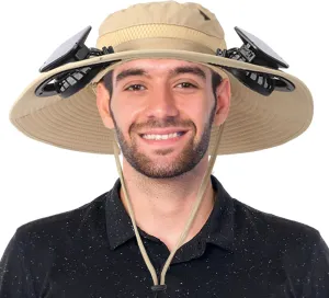 Solar Fan Hat, Wide Edge Outdoor Sun Hat with 2 Built-in Fans, UPF 50  Waterproof Outdoor Hiking Camping Fishing Hat