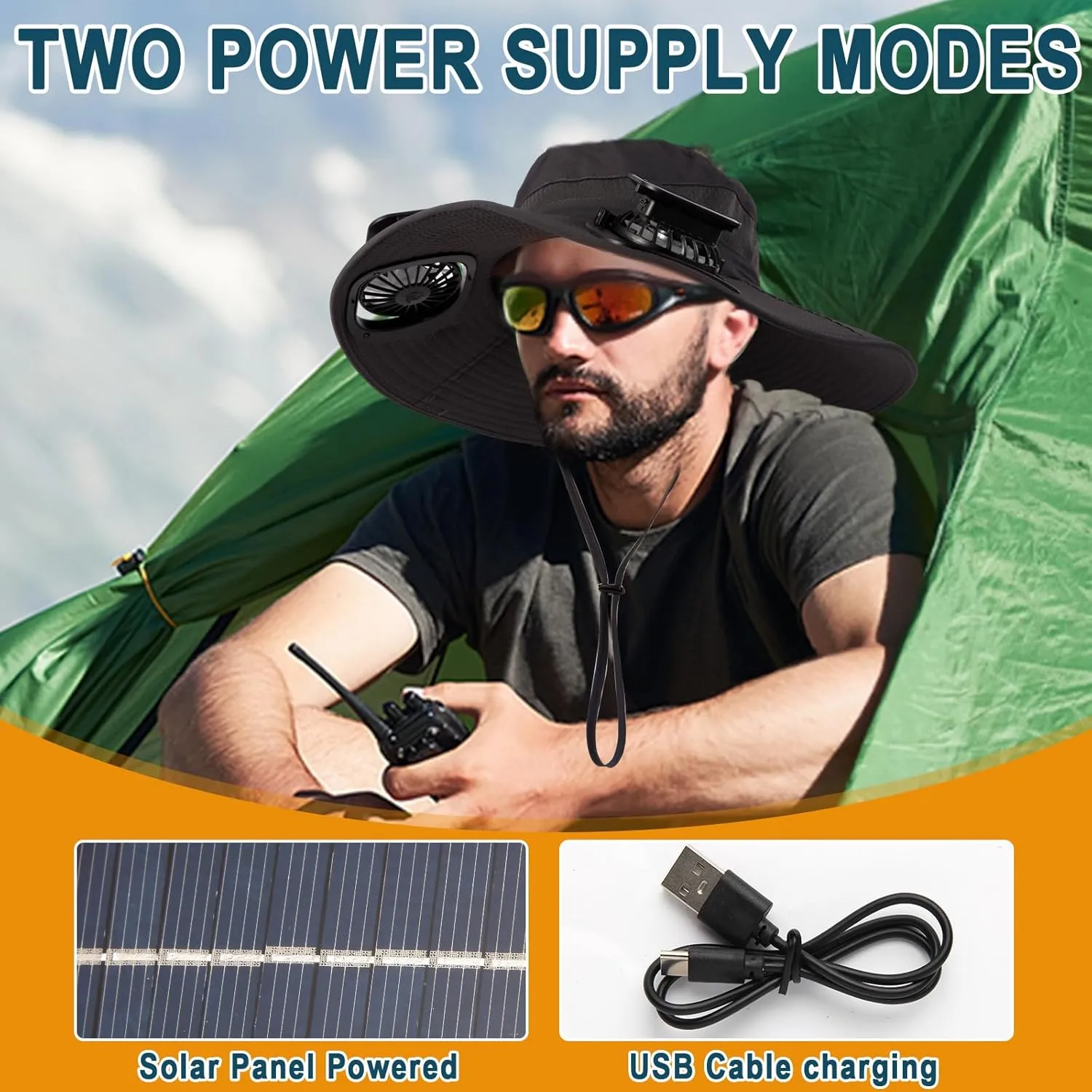 Solar Fan Hat, Wide Edge Outdoor Sun Hat with 2 Built-in Fans, UPF 50  Waterproof Outdoor Hiking Camping Fishing Hat