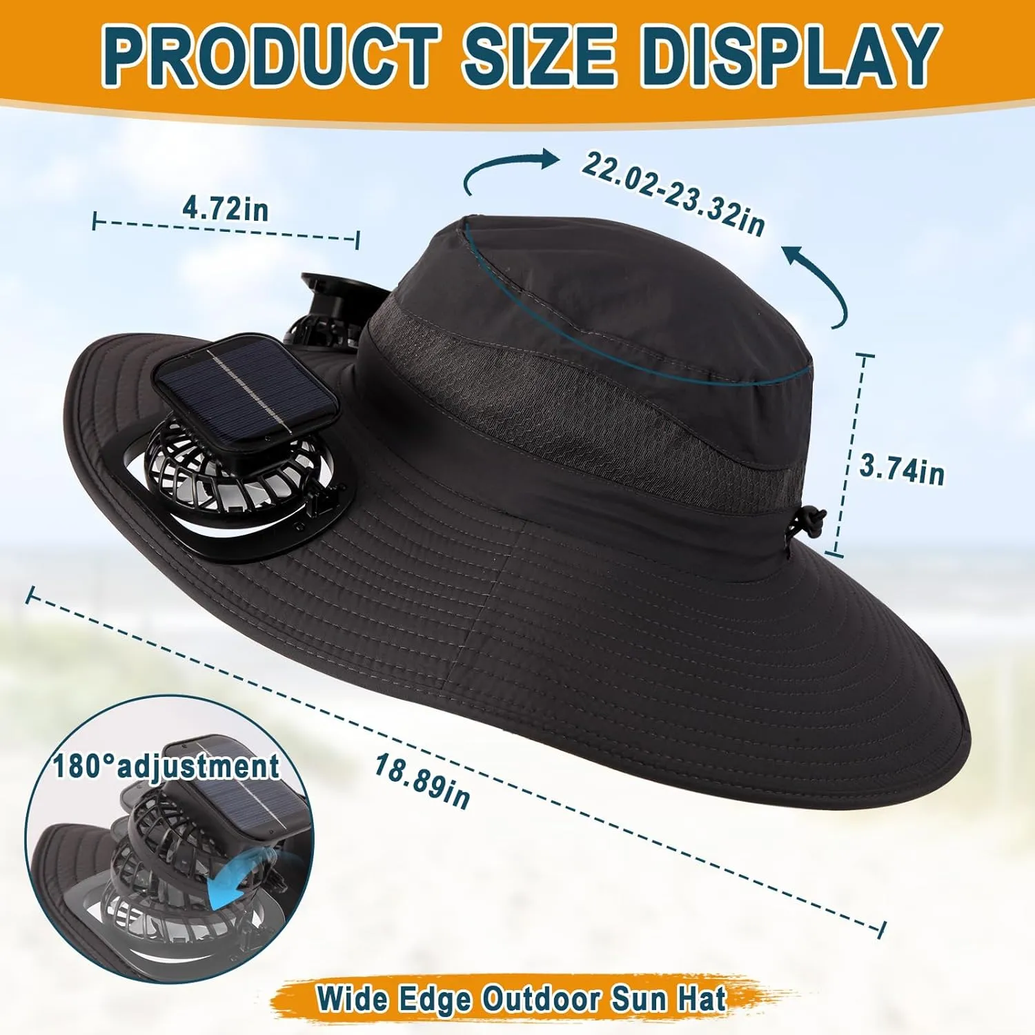 Solar Fan Hat, Wide Edge Outdoor Sun Hat with 2 Built-in Fans, UPF 50  Waterproof Outdoor Hiking Camping Fishing Hat