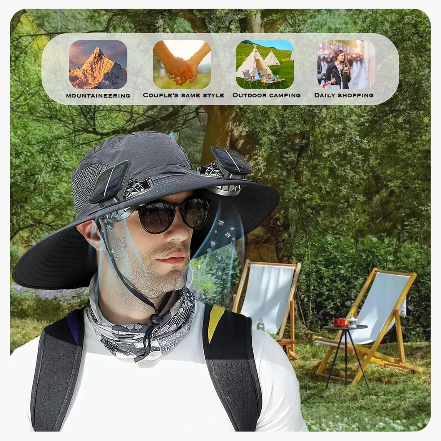 Solar Fan Hat,Wide Brim Solar Fan Hat, Solar   USB Dual Power Supply，Perfect for Outdoor Fishing, Camping Enthusiasts