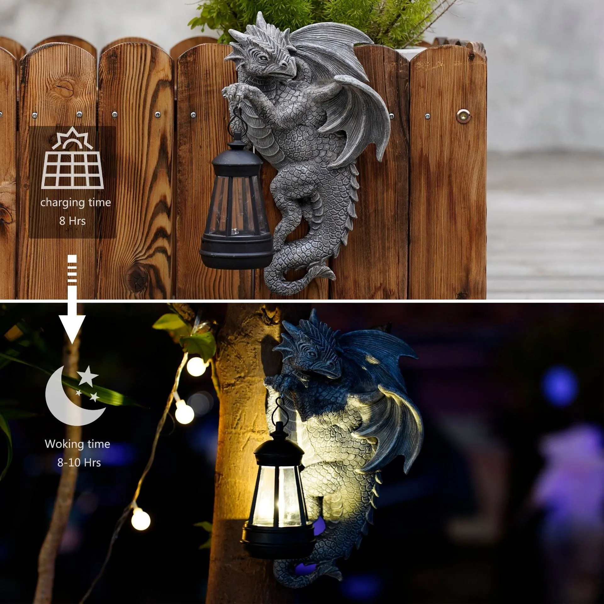 Solar-Powered Dragon Statue with LED Lantern - Gothic Outdoor Decor