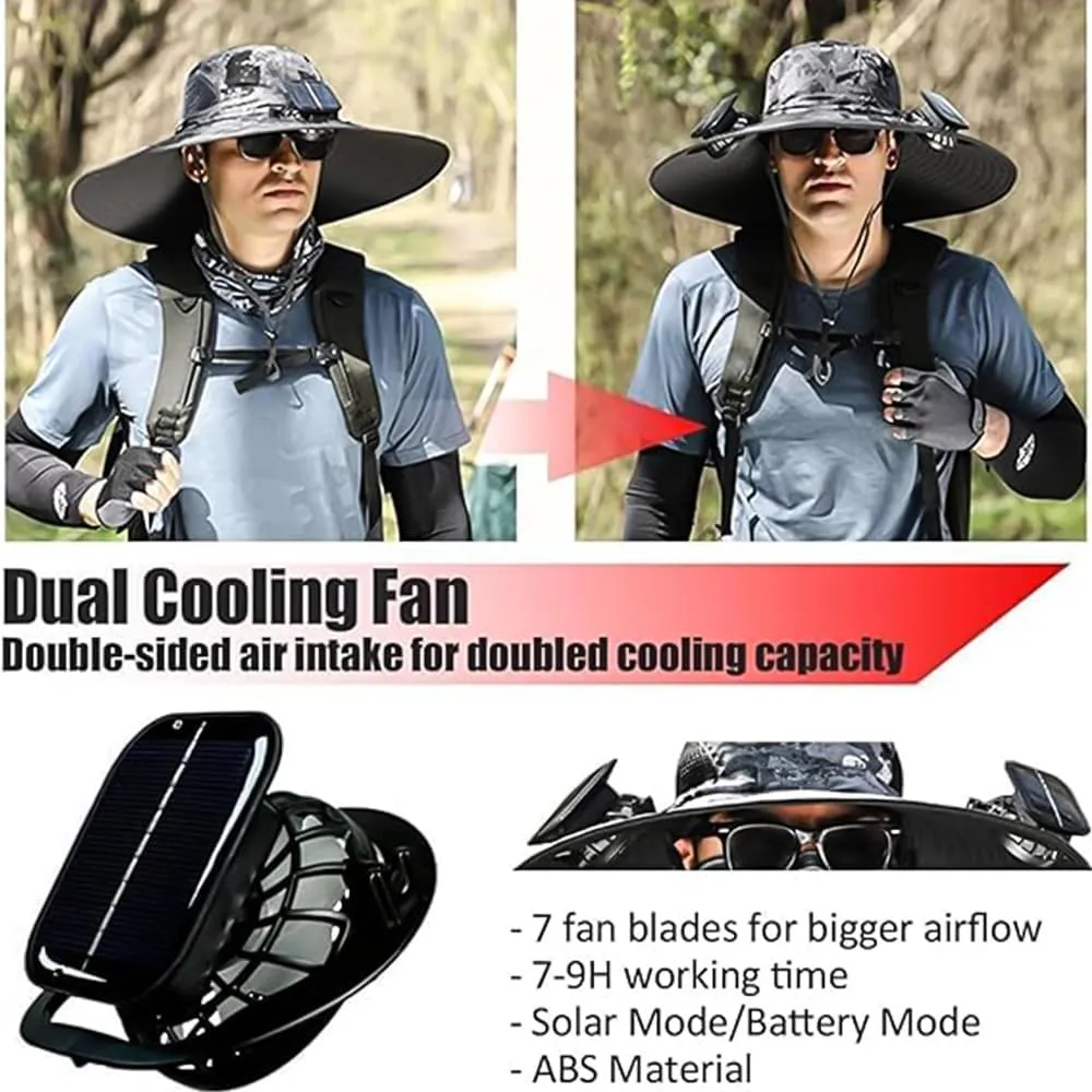 Solar Powered Fan Hat for Men, Wide Brim Outdoor Hat with Fan, Waterproof, UPF 50 , for Fishing, Gardening & More