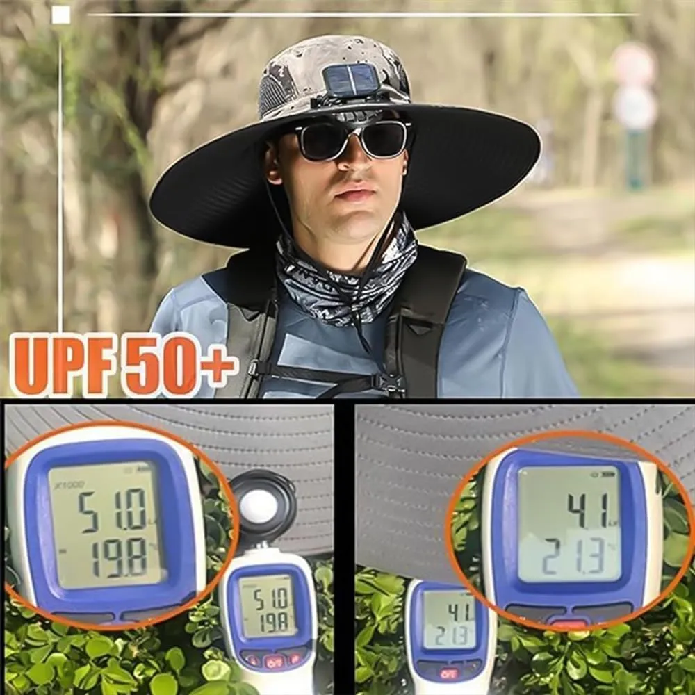 Solar Powered Fan Hat for Men, Wide Brim Outdoor Hat with Fan, Waterproof, UPF 50 , for Fishing, Gardening & More