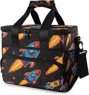 Spaceship Cartoon Character Black Cooler Bag Insulated Cooler Soft Sided Cooler 24 Can Portable Picnic Bag Large Leakproof Lunch Bag Box for Beach Grocery Camping Travel Car Men Women