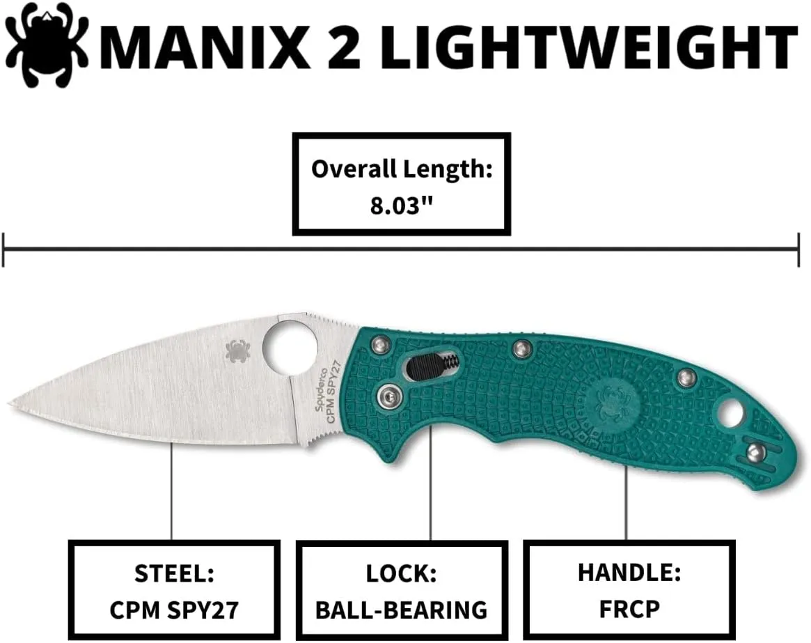 Spyderco Manix 2 Lightweight CPM SPY27 3.37" Mineral Blue Plain Edge Folding Pocket Knife (C101PCBL2)