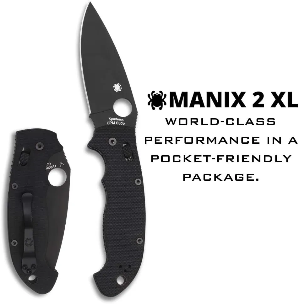Spyderco Manix 2 XL Folding Knife - Black G-10 Handle with PlainEdge, Full-Flat Grind, CPM S30V Steel Blade and Ball Bearing