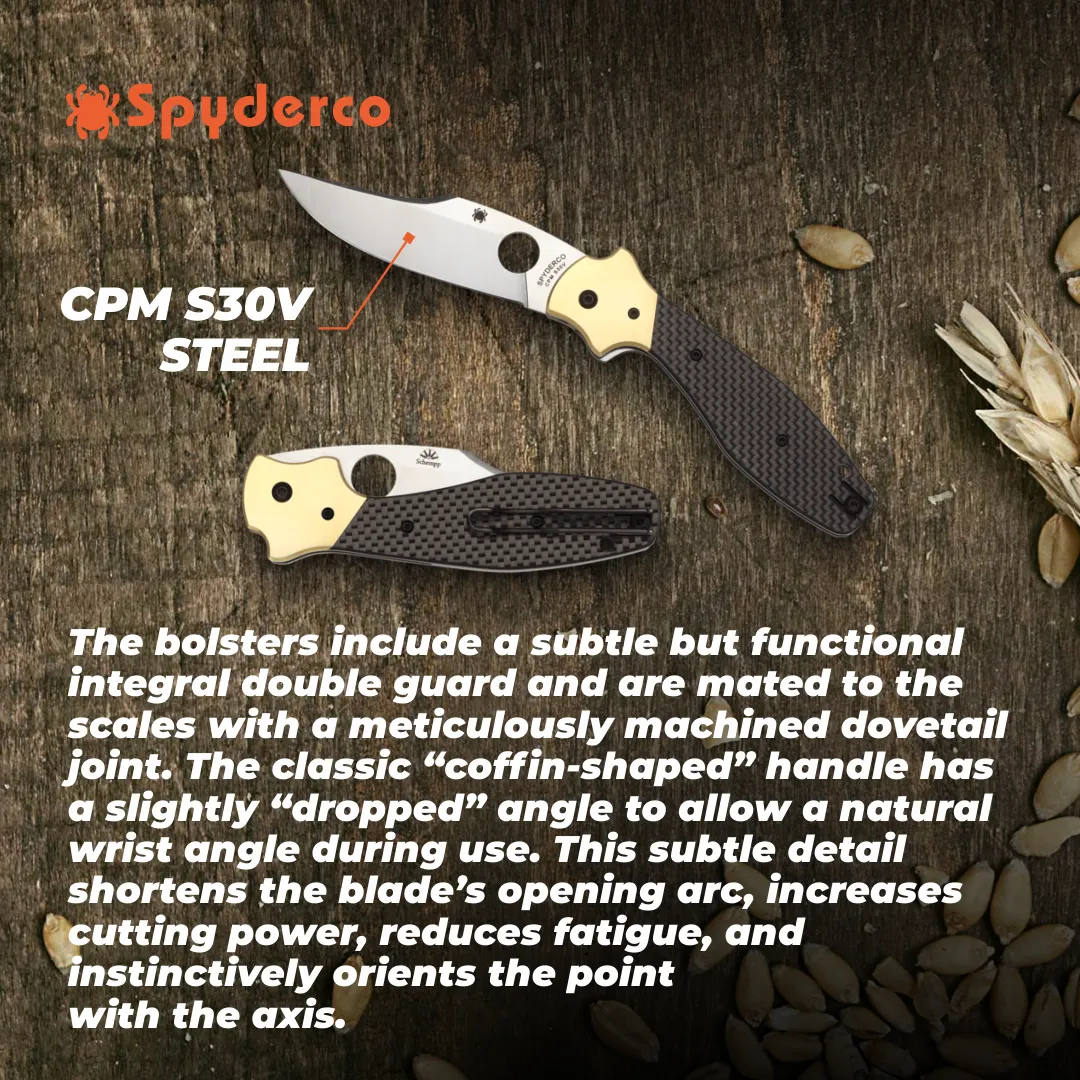 Spyderco Schempp Bowie Ethnic Series PlainEdge Folding Knife with 3.72" CPM S30V Stainless Steel Blade and Black Carbon Fiber/G-10 Laminate Handle Spyderco
