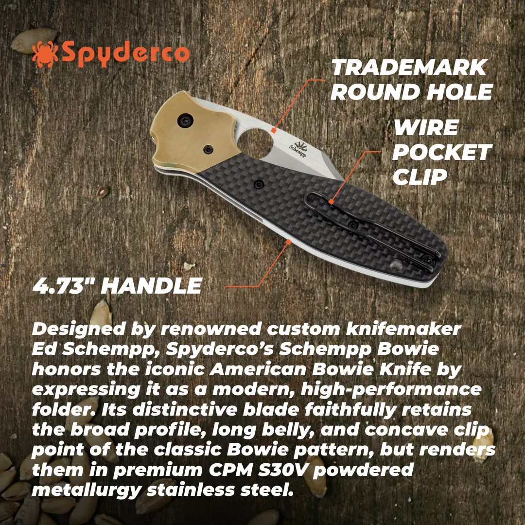 Spyderco Schempp Bowie Ethnic Series PlainEdge Folding Knife with 3.72" CPM S30V Stainless Steel Blade and Black Carbon Fiber/G-10 Laminate Handle Spyderco