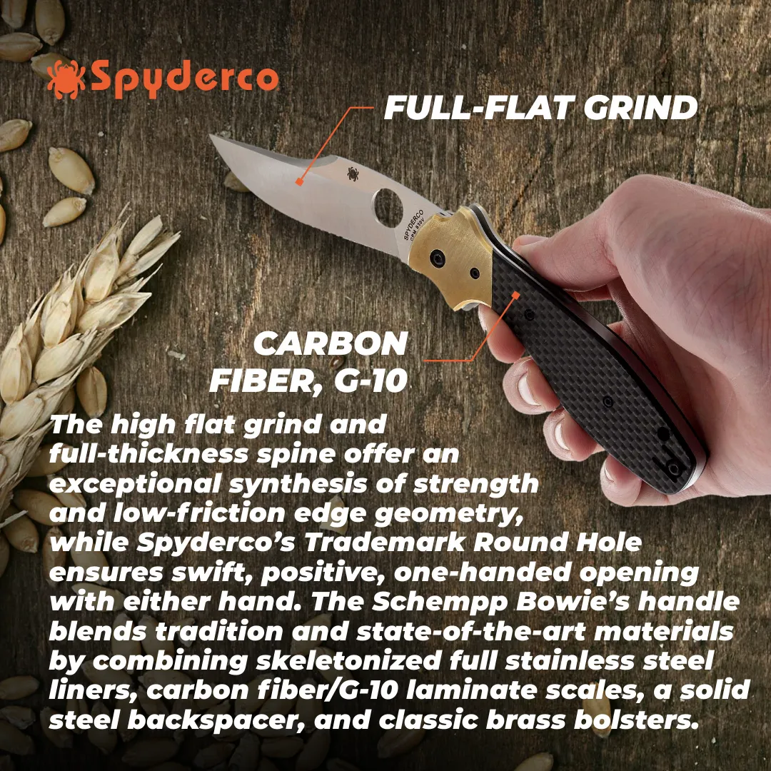 Spyderco Schempp Bowie Ethnic Series PlainEdge Folding Knife with 3.72" CPM S30V Stainless Steel Blade and Black Carbon Fiber/G-10 Laminate Handle Spyderco