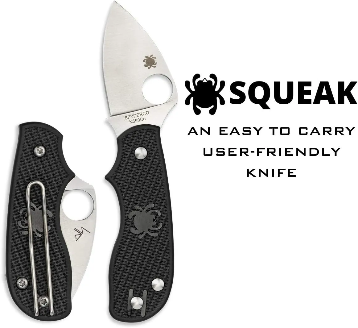 Spyderco Squeak Non-Locking Knife with 2.00" N690Co Stainless Steel Blade and Lighweight Black FRN Handle - PlainEdge - C154PBK