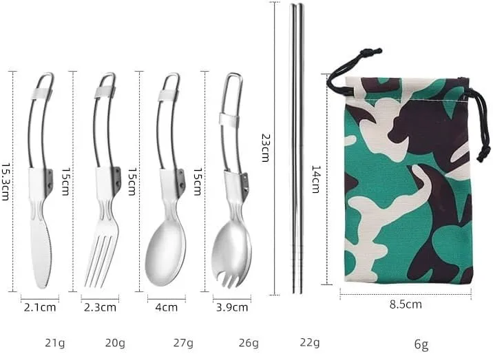 Stainless Steel Folding Tableware 6-Piece Set Outdoor Camping Fork Spoon Disassembly Chopsticks Set(C Green bag 1)