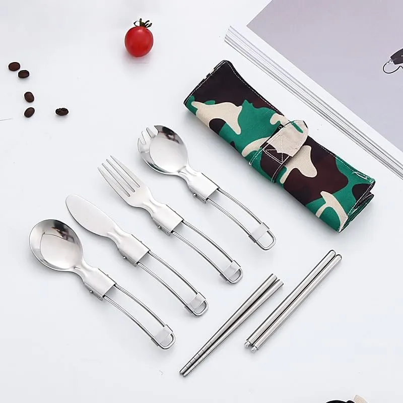 Stainless Steel Folding Tableware 6-Piece Set Outdoor Camping Fork Spoon Disassembly Chopsticks Set(C Green bag 1)