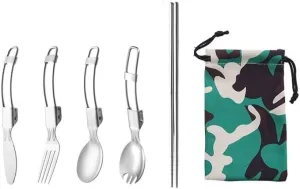 Stainless Steel Folding Tableware 6-Piece Set Outdoor Camping Fork Spoon Disassembly Chopsticks Set(C Green bag 1)