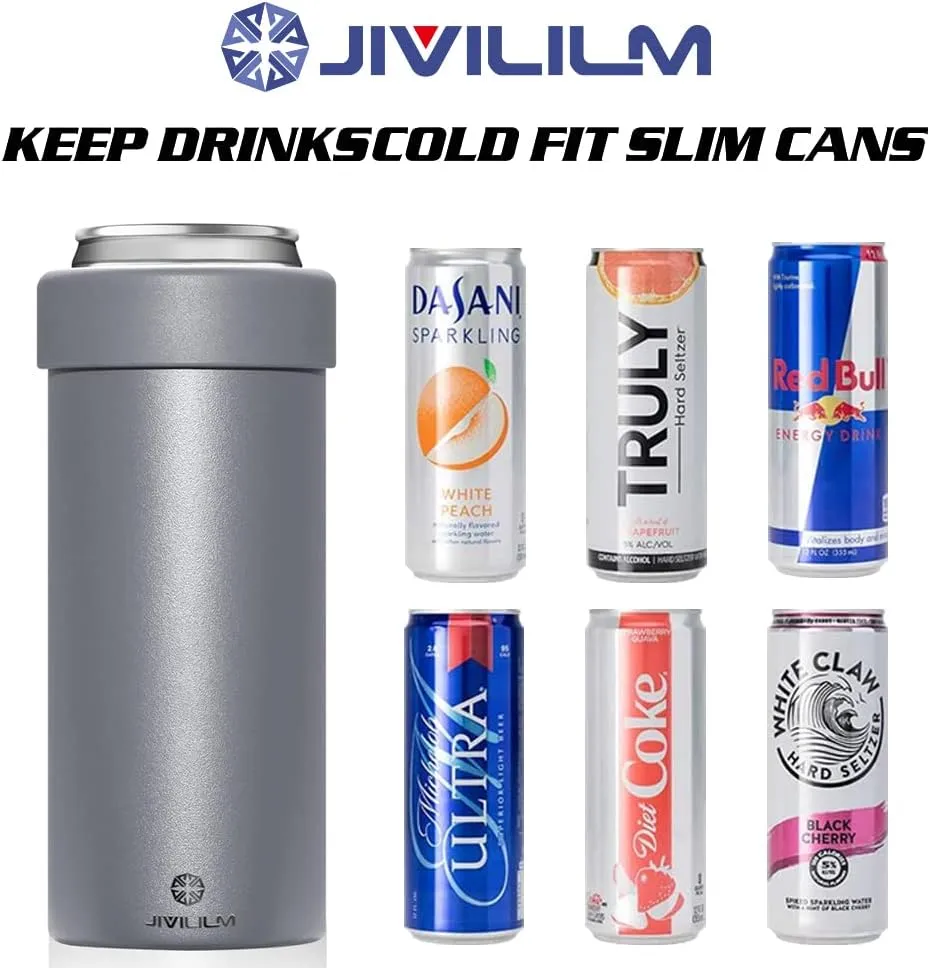 Stainless Steel Insulated Cooler for 12oz Slim Cans | Skinny Can Drinks Holder for Hard Seltzer, Beer, Soda, and Energy Drinks (Gray)