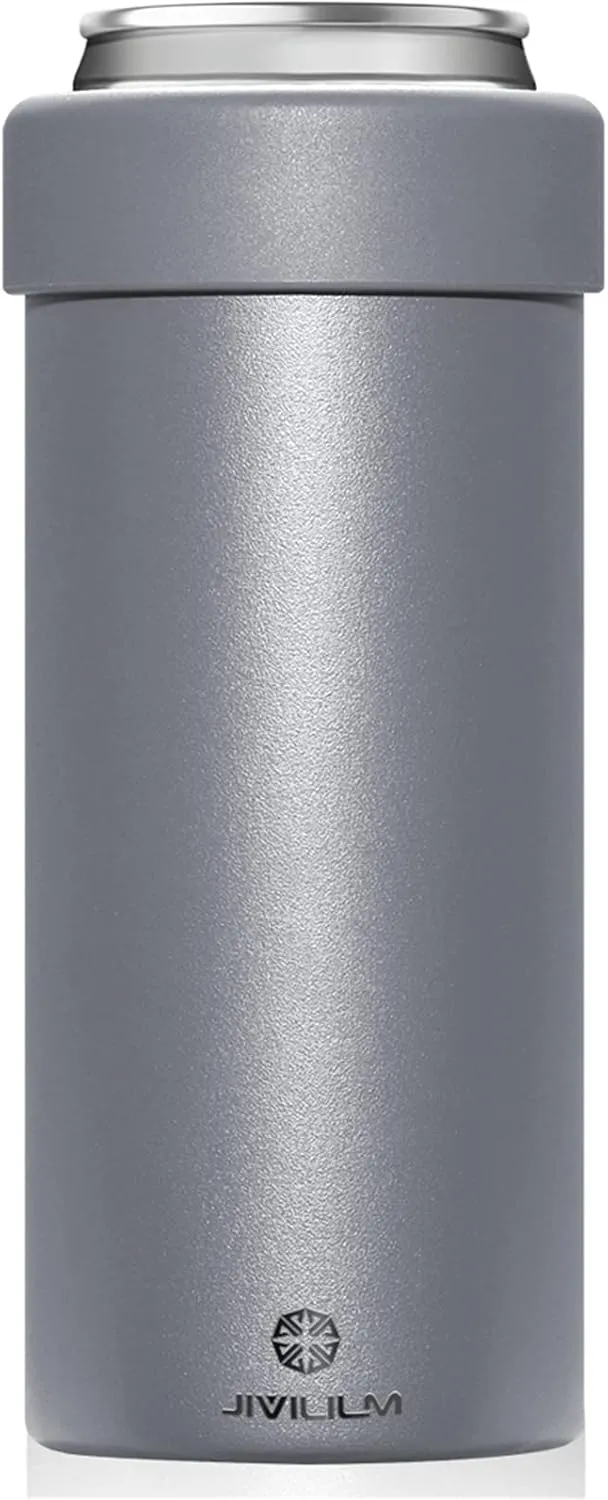 Stainless Steel Insulated Cooler for 12oz Slim Cans | Skinny Can Drinks Holder for Hard Seltzer, Beer, Soda, and Energy Drinks (Gray)