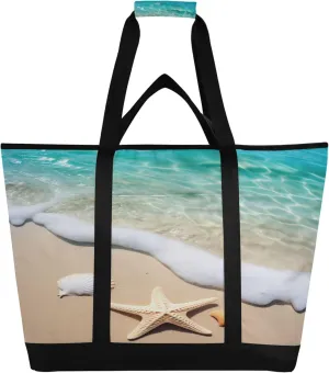Starfish Shell Beach Reusable Insulated Cooler Bag with Ice Pack Compartment - Large 47L Waterproof Thermal Grocery Tote for Picnic Beach Camping Lunch Storage