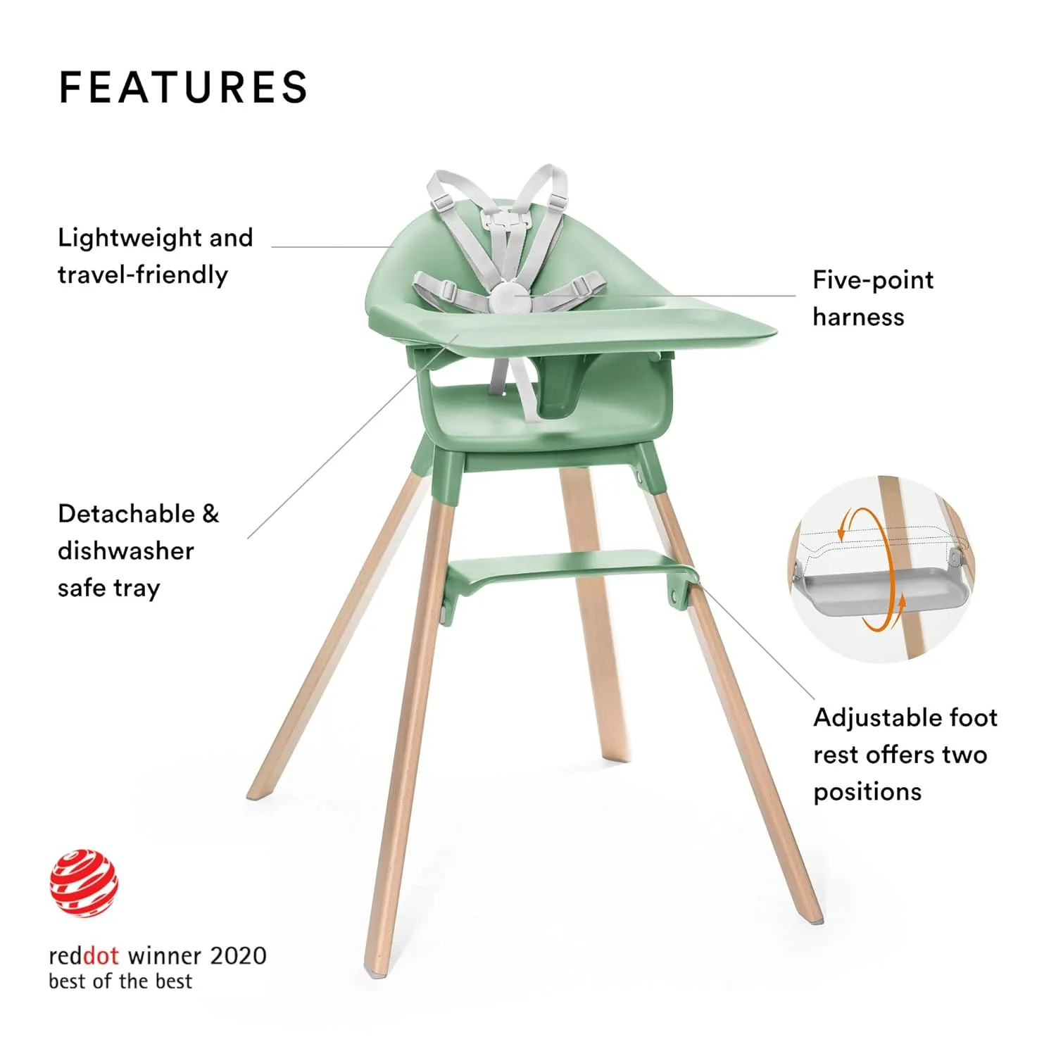 Stokke Clikk High Chair, Clover Green - All-in-One High Chair with Tray   Harness - Light, Durable & Travel Friendly - Ergonomic with Adjustable Features - Best for 6-36 Months or Up to 33 lbs