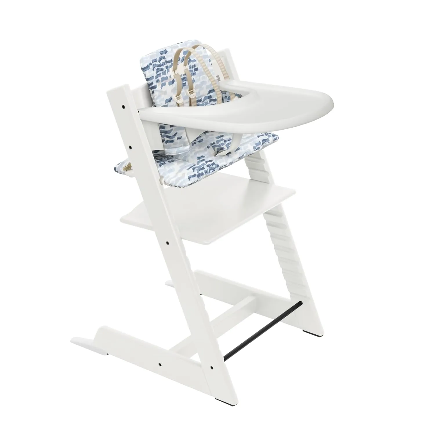 Stokke Tripp Trapp High Chair and Cushion with Tray - White with Waves Blue - Adjustable, Convertible, All-in-One High Chair for Babies & Toddlers