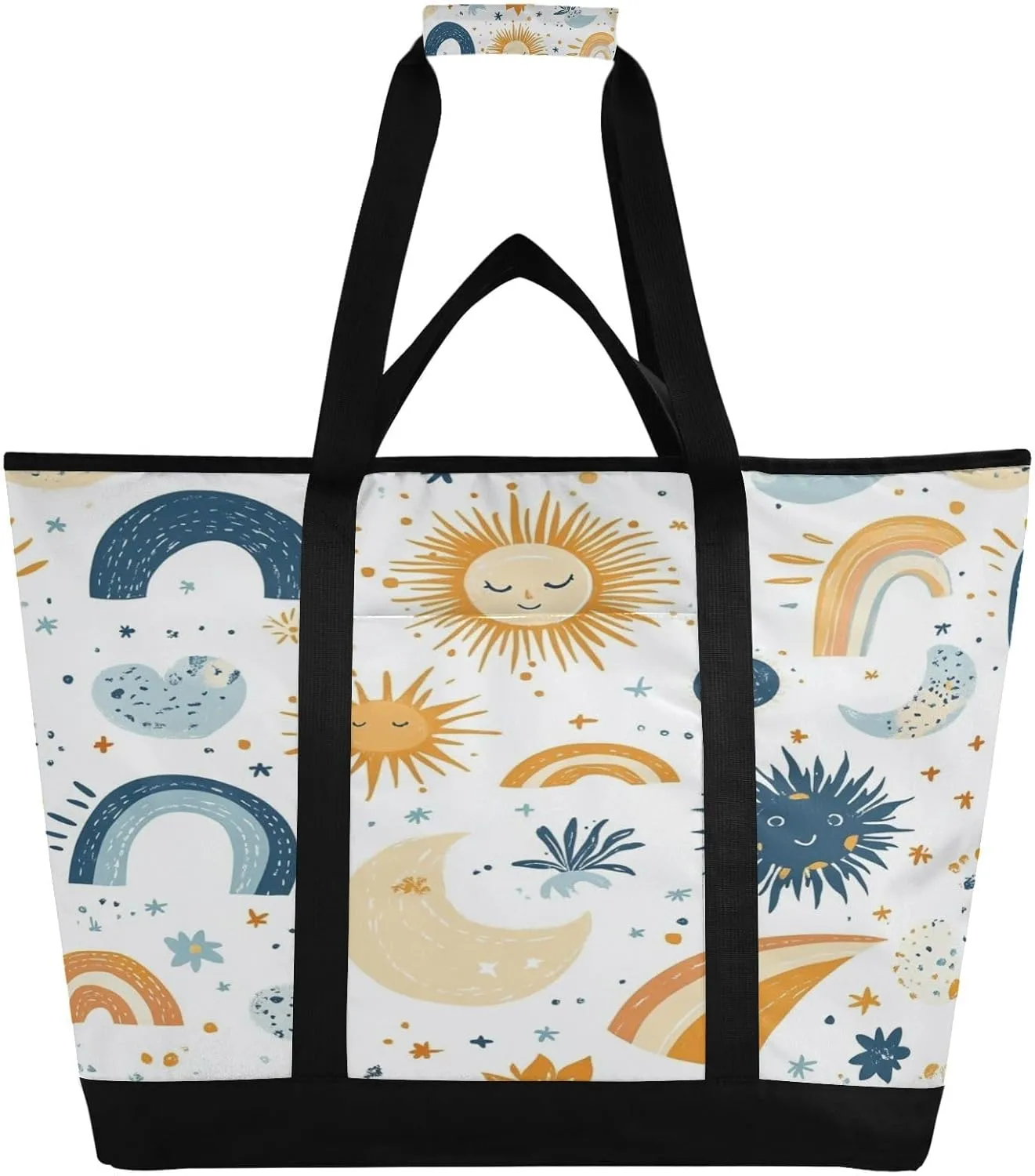 Sun Moon Rainbow Reusable Insulated Lunchbox Cooler Bag, Leakproof Kitchen Grocery Bag Collapsible Portable Cooler Tote Bag for Picnic, Camping, Office, Travel
