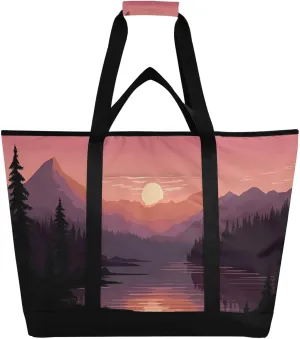 Sunset with Mountains Reusable Insulated Lunchbox Cooler Bag, Leakproof Kitchen Grocery Bag Collapsible Portable Cooler Tote Bag for Picnic, Camping, Office, Travel