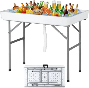 SUPER DEAL Party Ice Cooler Folding Table with 5L Bucket, Portable Outdoor Cooler Table with Removable Matching Skirt, Large Sink and Drain for BBQ, Picnic, and Camping
