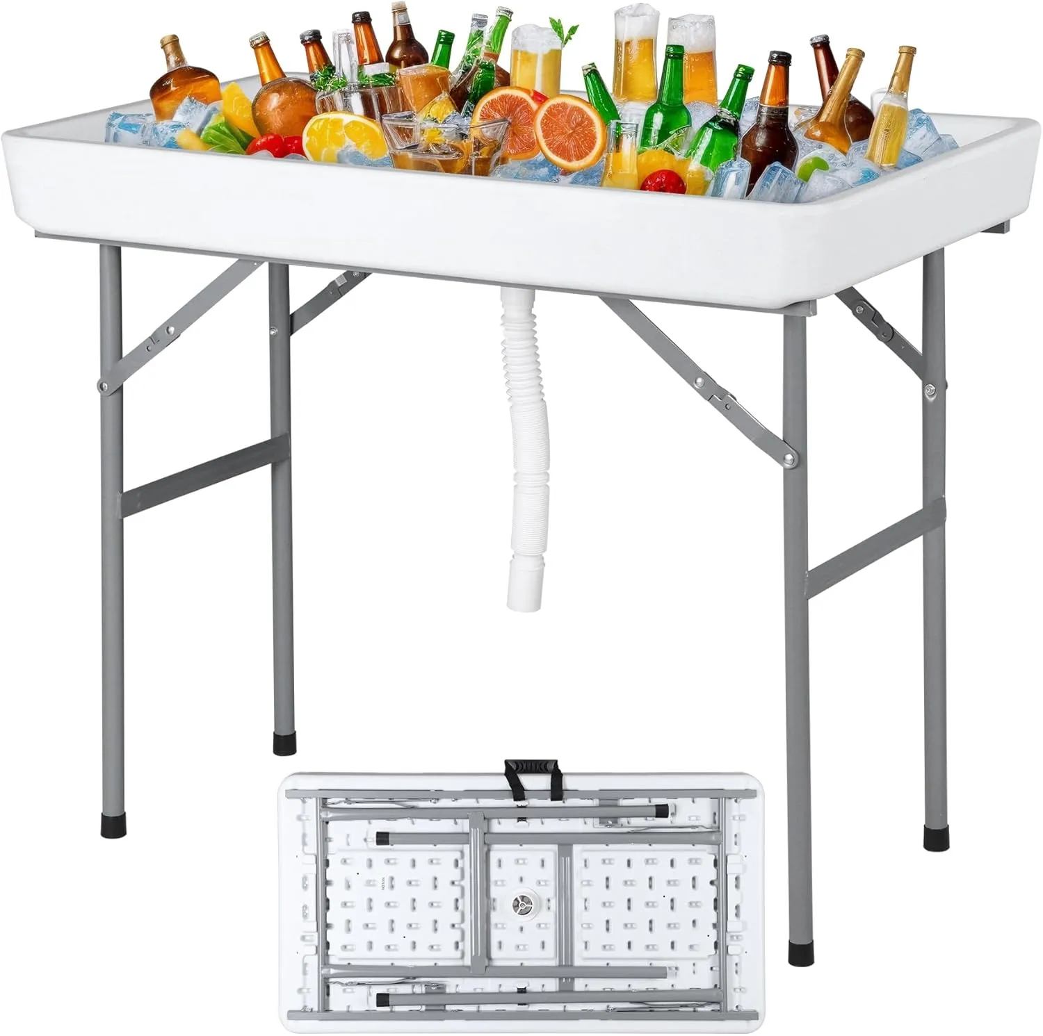 SUPER DEAL Party Ice Cooler Folding Table with 5L Bucket, Portable Outdoor Cooler Table with Removable Matching Skirt, Large Sink and Drain for BBQ, Picnic, and Camping