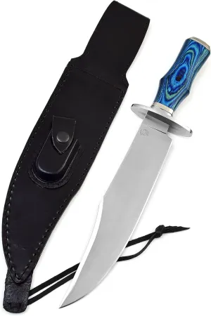 Survival Hunting Knife with Sheath, Handmade 15-inch Full Tang D2 Fixed Blade Tactical Bowie Knife for Camping, Outdoor, Bushcraft, Father's Day Gifts with Solid Engineered Wood Handle (Blue)