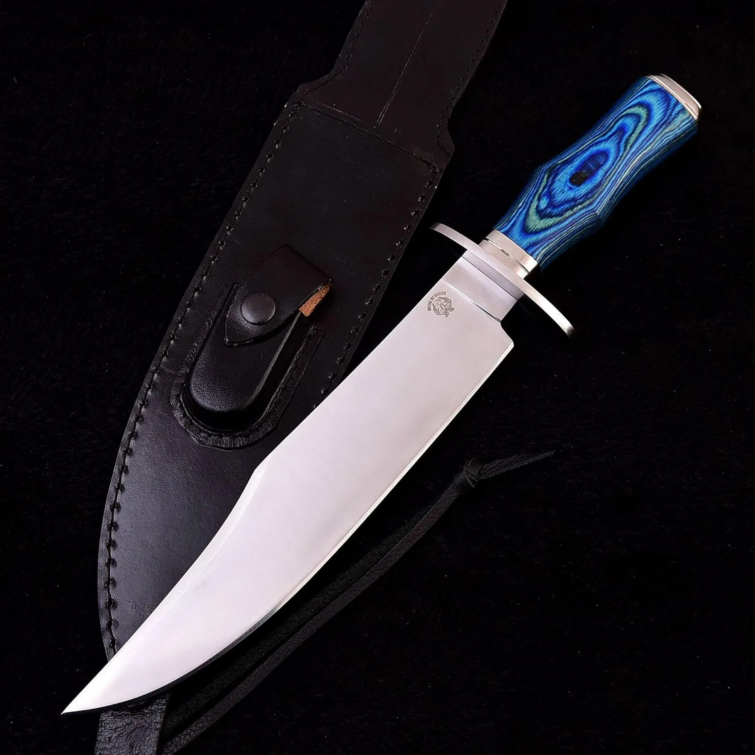 Survival Hunting Knife with Sheath, Handmade 15-inch Full Tang D2 Fixed Blade Tactical Bowie Knife for Camping, Outdoor, Bushcraft, Father's Day Gifts with Solid Engineered Wood Handle (Blue)