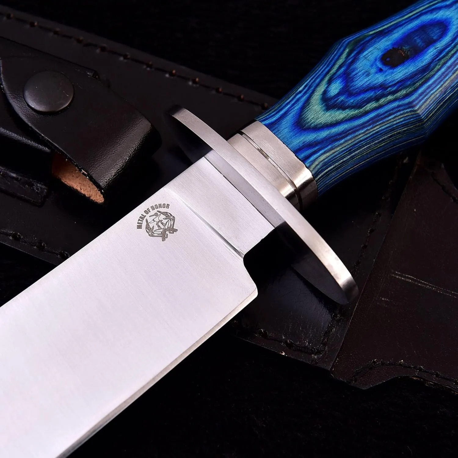 Survival Hunting Knife with Sheath, Handmade 15-inch Full Tang D2 Fixed Blade Tactical Bowie Knife for Camping, Outdoor, Bushcraft, Father's Day Gifts with Solid Engineered Wood Handle (Blue)