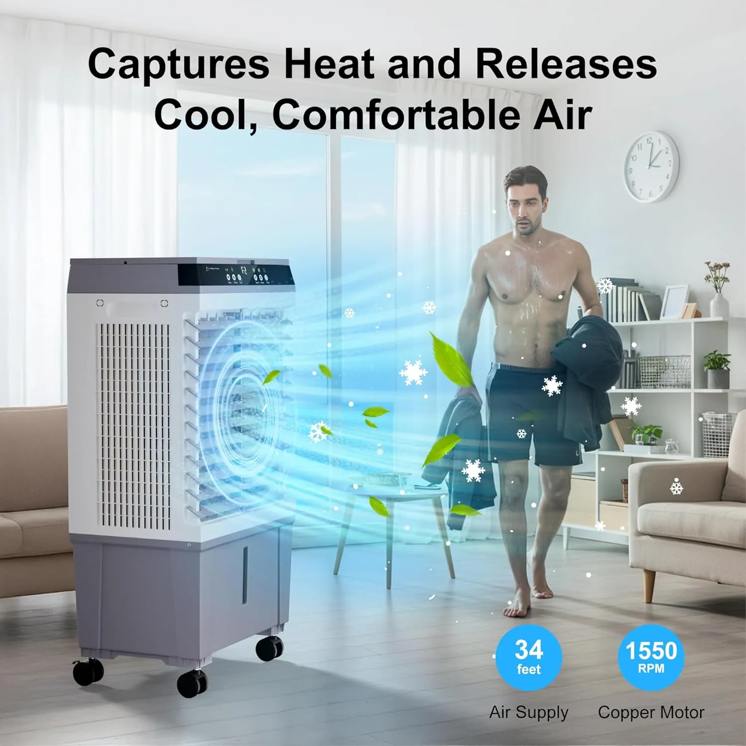 Swamp Cooler Air Conditioner, Evaporative Air Cooler with 5.3 Gallon Water Tank, 4 Ice Box, Remote, 12H Timer, 120°Oscillation, Portable Cooling Fan with 3 Speeds for Bedroom Home Office