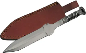 SZCO 11.25" Handmade Railroad Spike Spear-Point Knife with Twisted Handle & Leather Sheath – 6.5” Carbon Steel Blade – Durable Collectible for Display, Gifts, or Outdoor Use