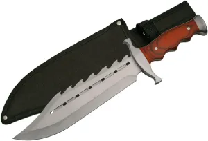 SZCO 15" Gator Back Bowie Knife with Sheath - Fixed Blade Hunting Knife for Men with Sawback Stainless Steel Blade, Red Wood Handle & Nylon Sheath - Outdoor Hunting Knives for Men