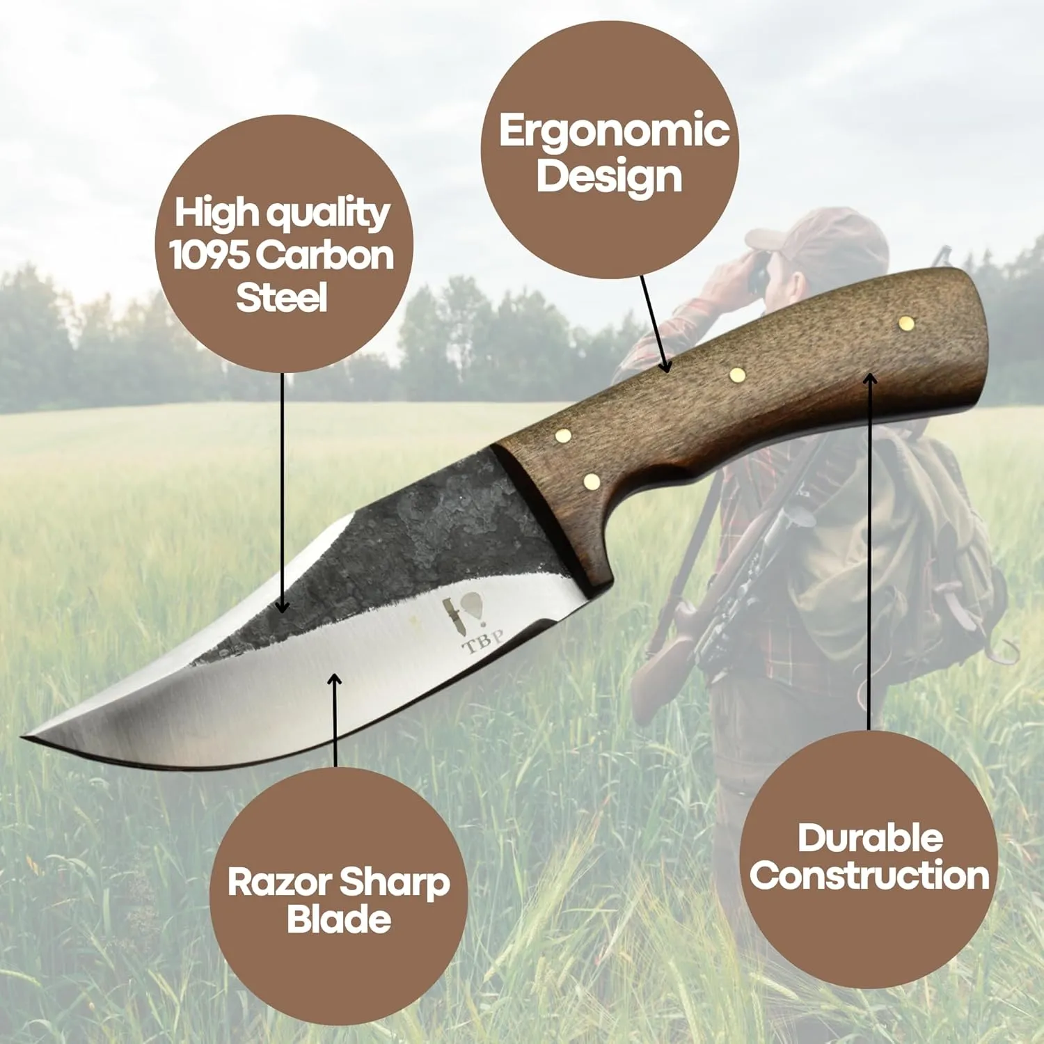 TBP Handmade High Carbon Steel Hunting knife with Holster -Hunting Knife for Skinning, Camping, Fishing,Survival - Bushcraft Fixed Blade knife with Sheath