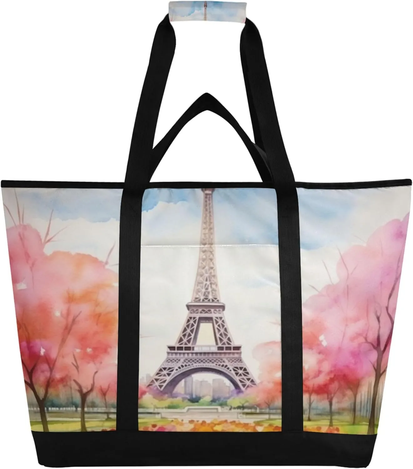 The Paris Tower Reusable Insulated Cooler Bag with Ice Pack Compartment - Large 47L Waterproof Thermal Grocery Tote for Picnic Beach Camping Lunch Storage