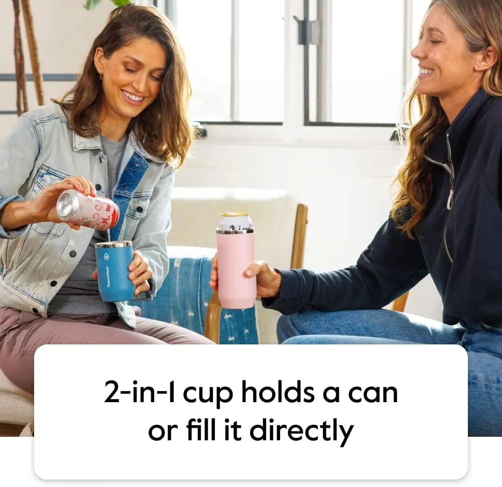 ThermoFlask Tall Can Cooler - 2-in-1 Insulated Can Cooler Cup - Durable Stainless Steel Cooler with Non-Slip Base - Dishwasher-Safe Beverage Can Cooler - 16 oz, Jet Black