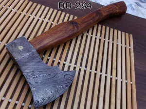 Tomahawk Axe, Damascus Steel Axe, Bearded Hiking Battle Axe,14.5 Inches Long Rose Wood Round Handle, Hand Forged Damascus Steel, Thick Cow Hide Leather Sheath Included