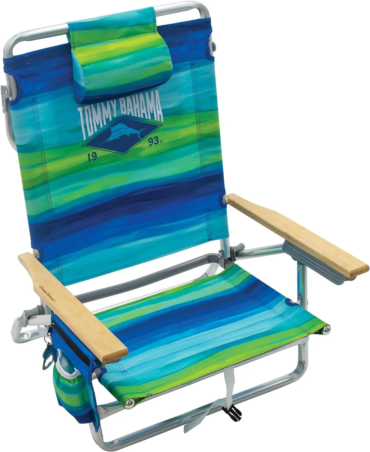 Tommy Bahama 5-Position Classic Lay Flat Folding Backpack Beach Chair, Blue and Green Stripe , 23" x 25.25" x 31.5"