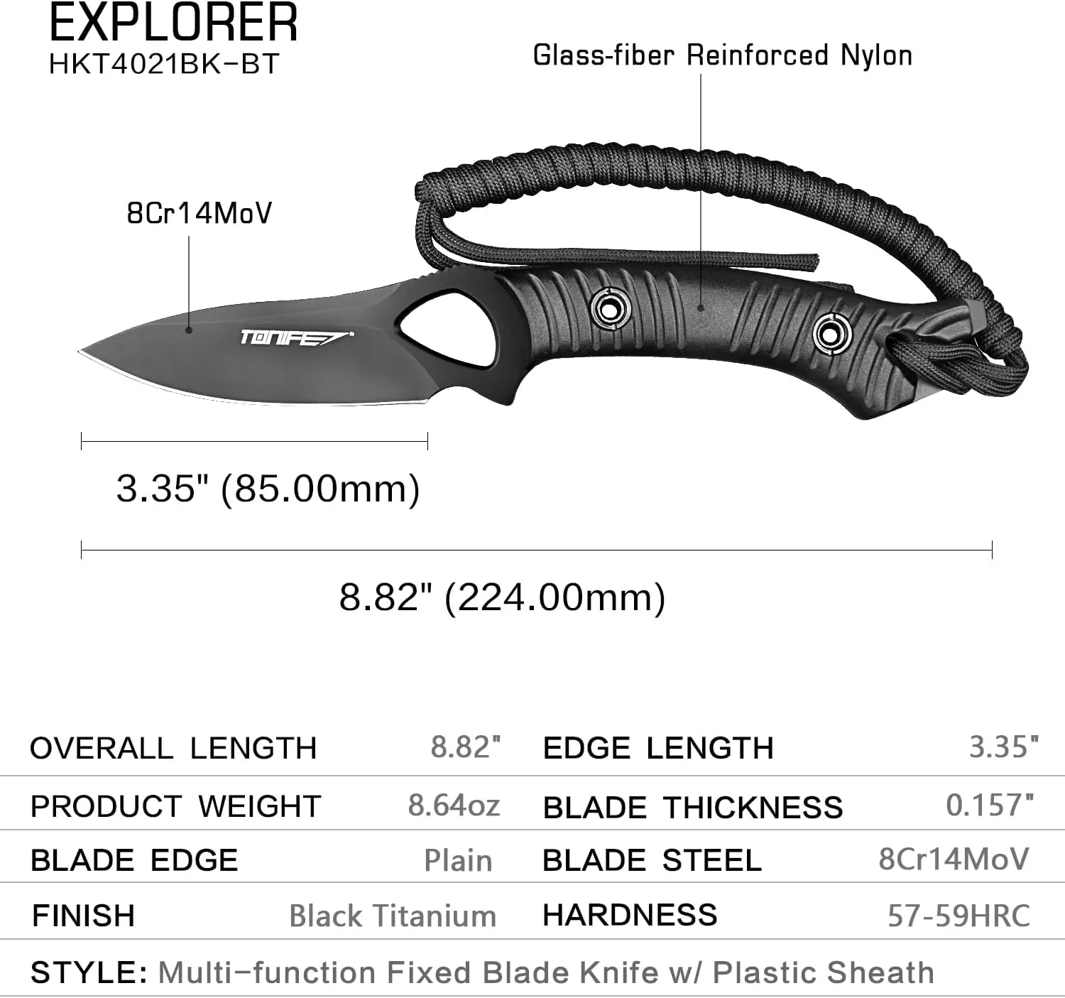 TONIFE Explorer Fixed Blade Knife with Sheath 8Cr14moV Multifunctional Survival Knife Blade with Fiberglass Reinforced Nylon Handle for Outdoor EDC Knife
