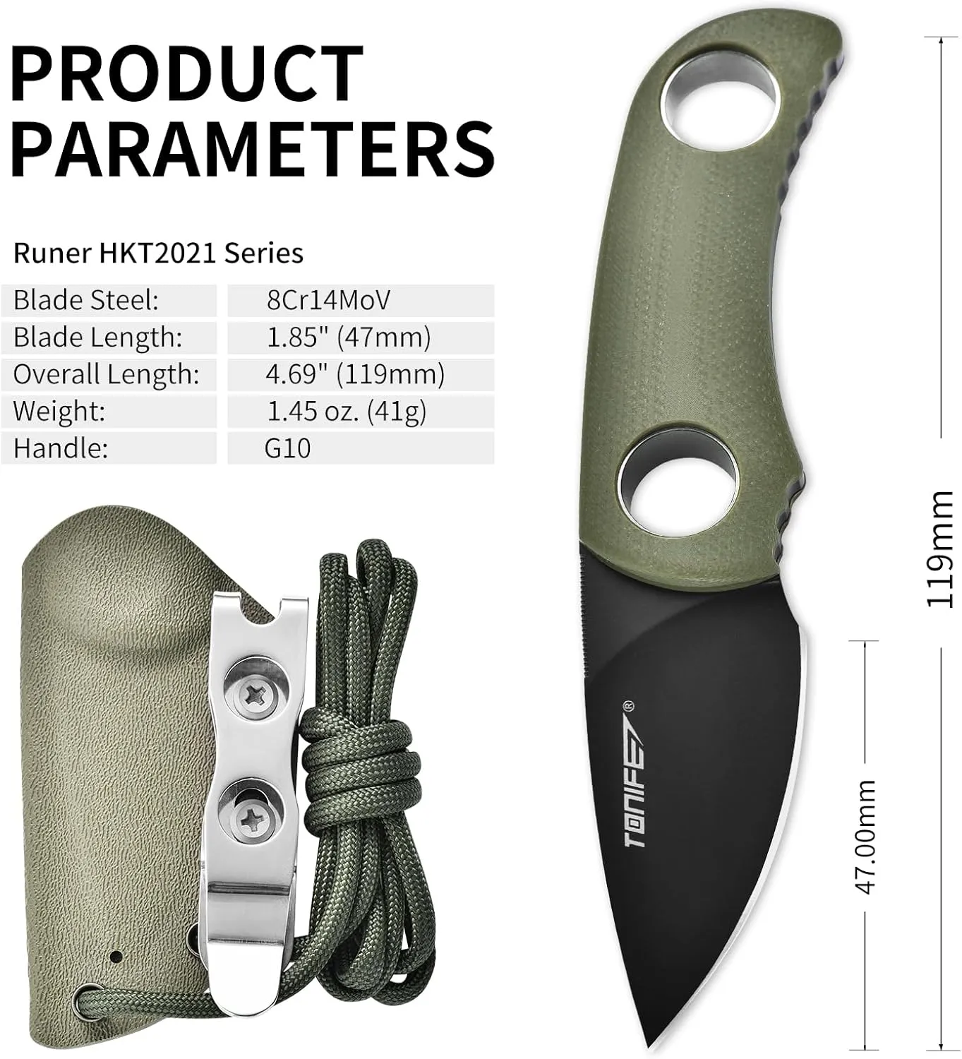 TONIFE Fixed Blade Knife 4.8cm, Mini Neck Knife with Kydex Sheath and Cord, EDC Portable Fixed Knife for Outdoor Survival