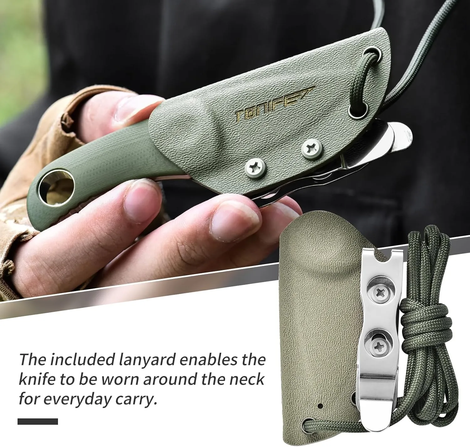 TONIFE Fixed Blade Knife 4.8cm, Mini Neck Knife with Kydex Sheath and Cord, EDC Portable Fixed Knife for Outdoor Survival