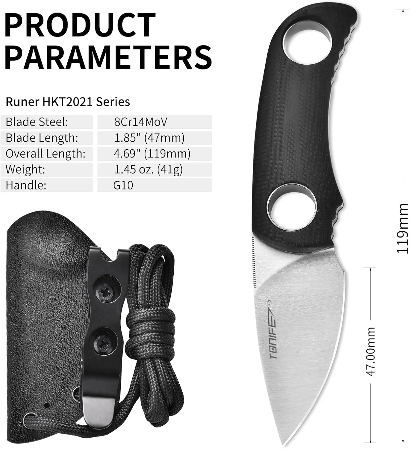 TONIFE Fixed Blade Knife 4.8cm, Mini Neck Knife with Kydex Sheath and Cord, EDC Portable Fixed Knife for Outdoor Survival