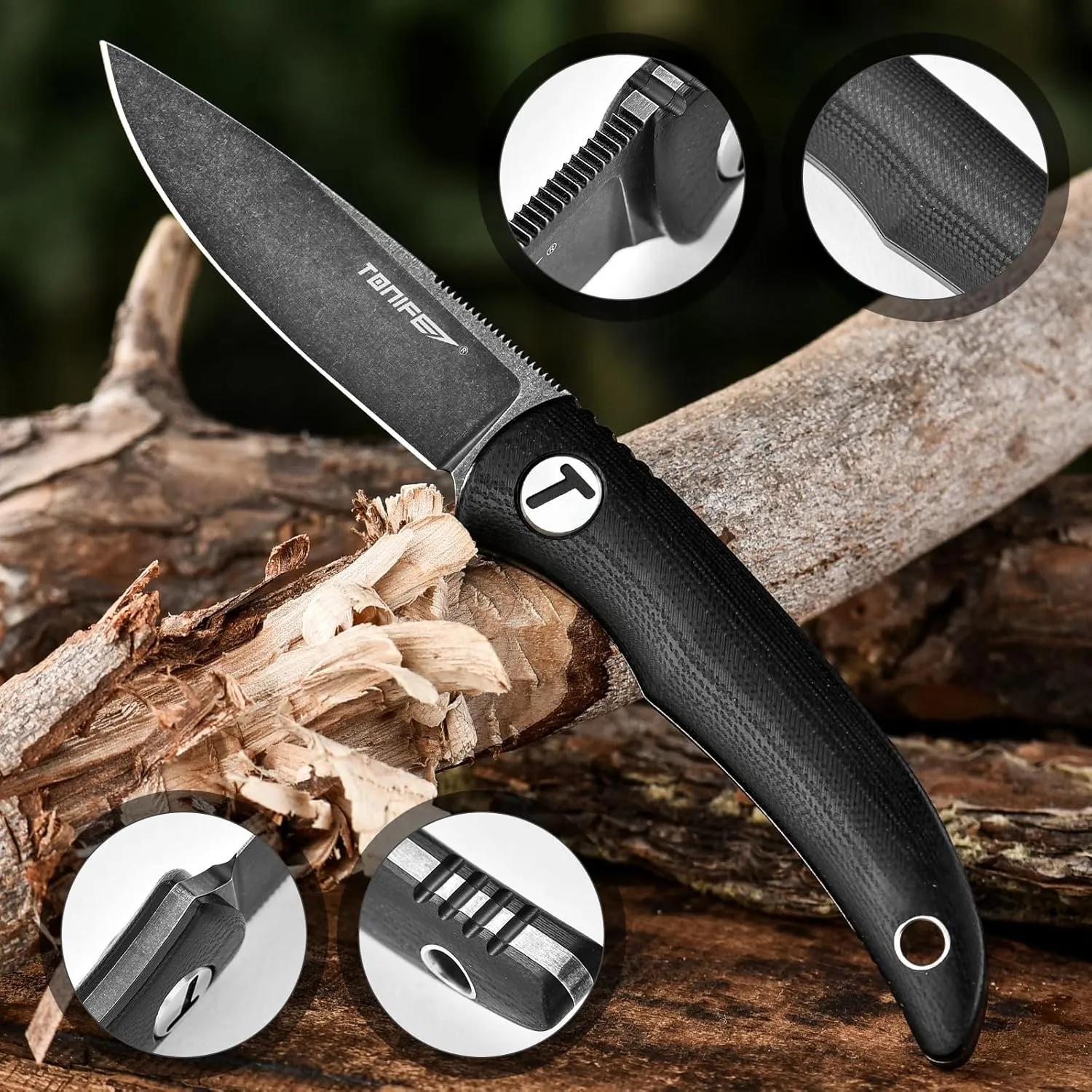 TONIFE Nova 2.68'' Blade Mini Neck Knife Full Tang Fixed Blade Knife with Kydex Sheath and Adjustable Paracord Lanyard for Camping Outdoor Survival Tool (Black Black Oxide then Stonewash)