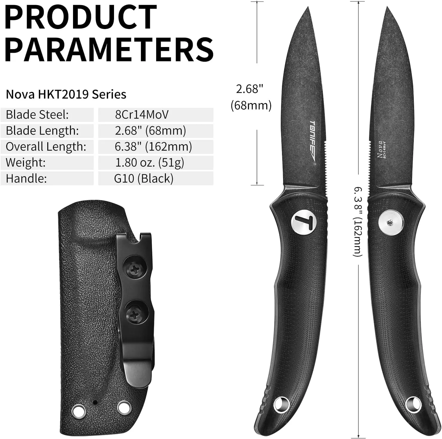 TONIFE Nova 2.68'' Blade Mini Neck Knife Full Tang Fixed Blade Knife with Kydex Sheath and Adjustable Paracord Lanyard for Camping Outdoor Survival Tool (Black Black Oxide then Stonewash)