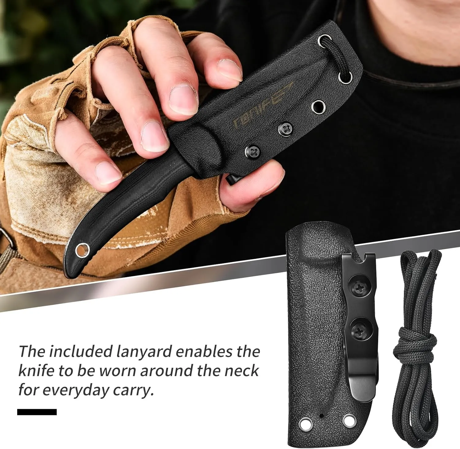 TONIFE Nova 2.68'' Blade Mini Neck Knife Full Tang Fixed Blade Knife with Kydex Sheath and Adjustable Paracord Lanyard for Camping Outdoor Survival Tool (Black Black Oxide then Stonewash)