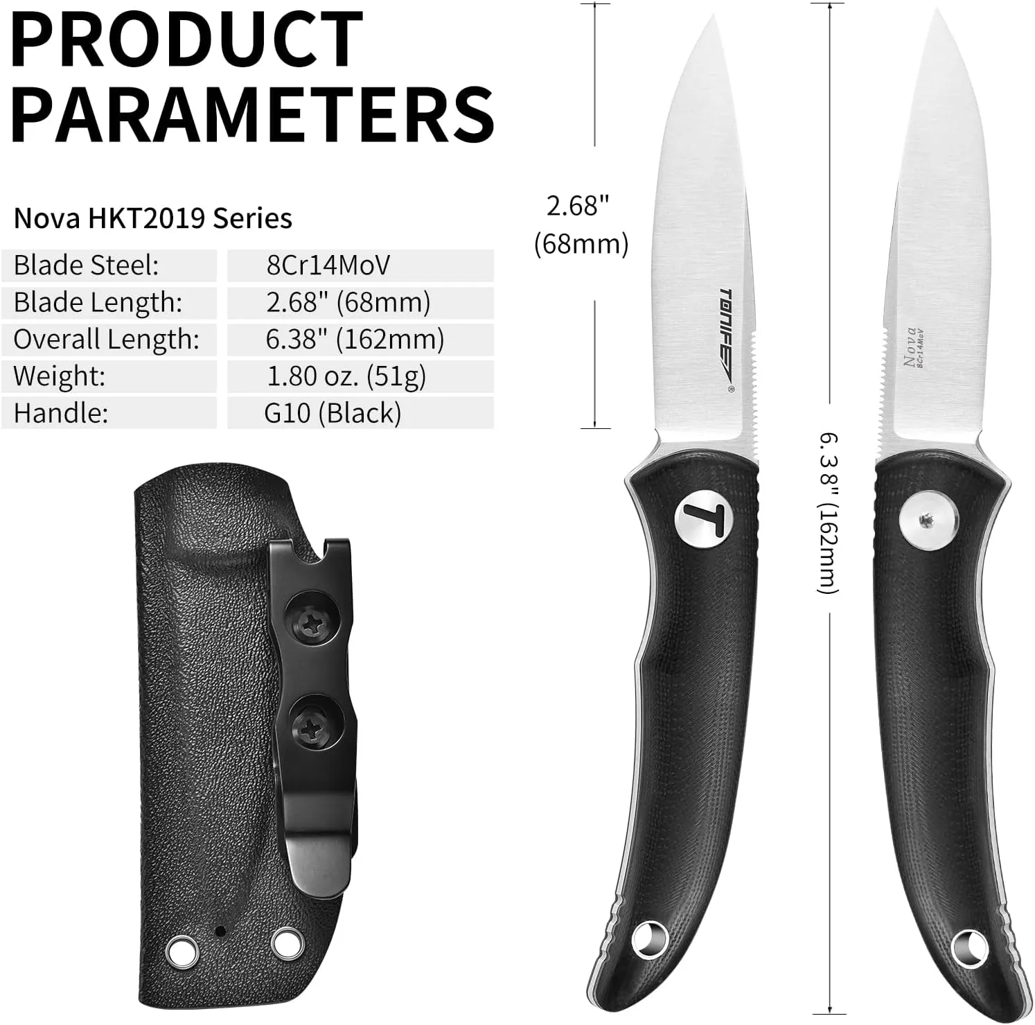 TONIFE Nova 2.68'' Blade Mini Neck Knife Full Tang Fixed Blade Knife with Kydex Sheath and Adjustable Paracord Lanyard for Camping Outdoor Survival Tool (Black Satin)