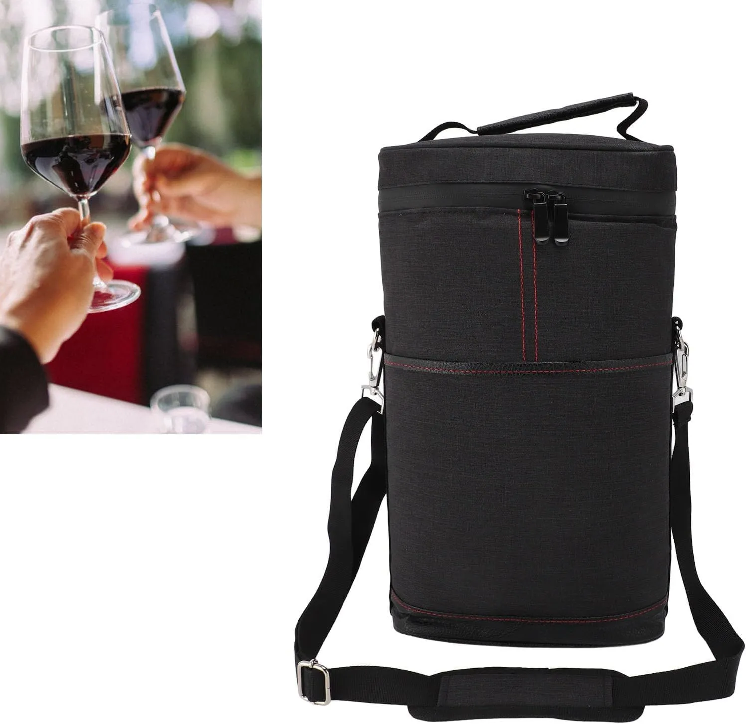 Topyond Leakproof Insulated Wine Cooler Bag,2 Bottle Portable Carrier with Adjustable Shoulder Strap Handle, Enhanced Insulation for Travel, Picnics, Wine Tasting (Black)